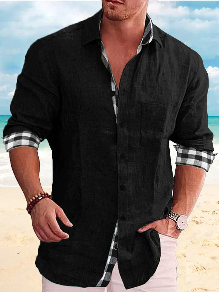 Coofandy Plaid Collar Linen Style Long Sleeves Shirt Shirts coofandy Black M 
