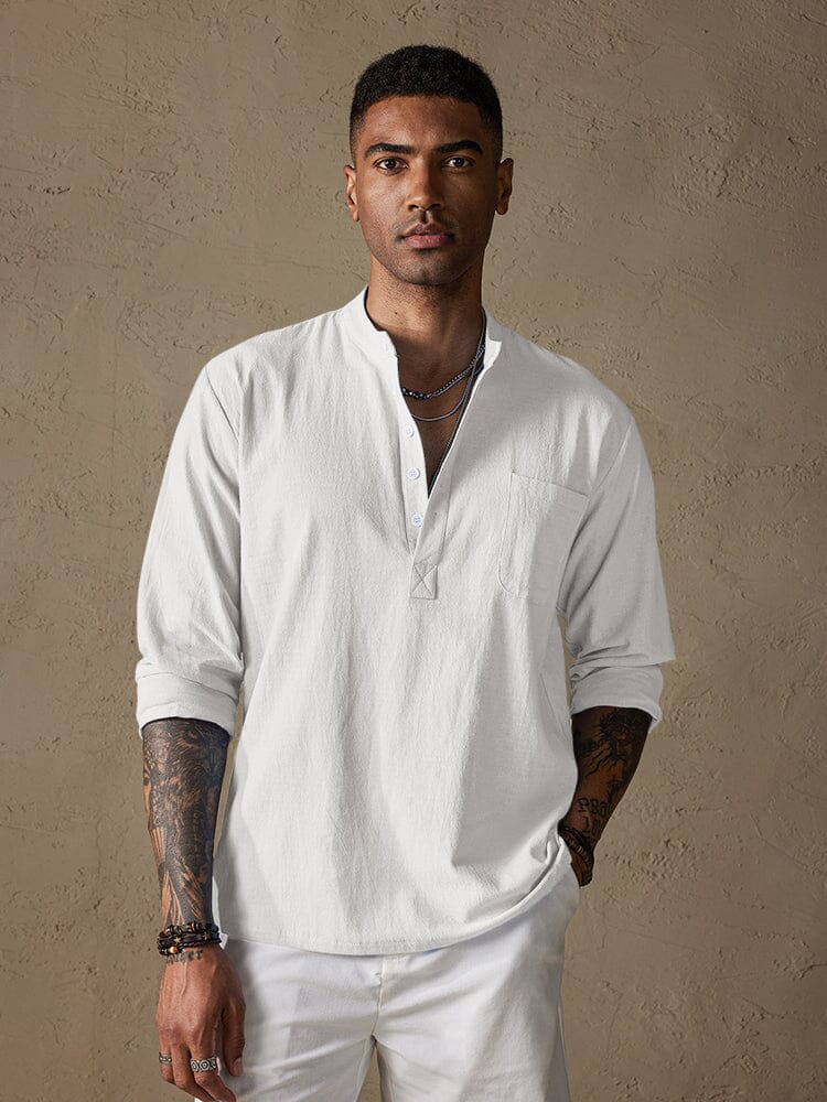 Linen V-neck Beach Long-sleeved Shirt Shirts & Polos coofandystore White S 