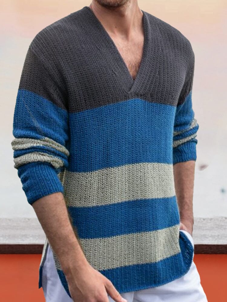 Contrast Stripe V-Neck Knit Sweater coofandystore Blue S 