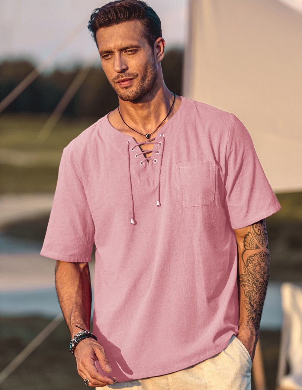 Coofandy Casual Linen Style V Neck Shirts (US Only) Shirts coofandy 