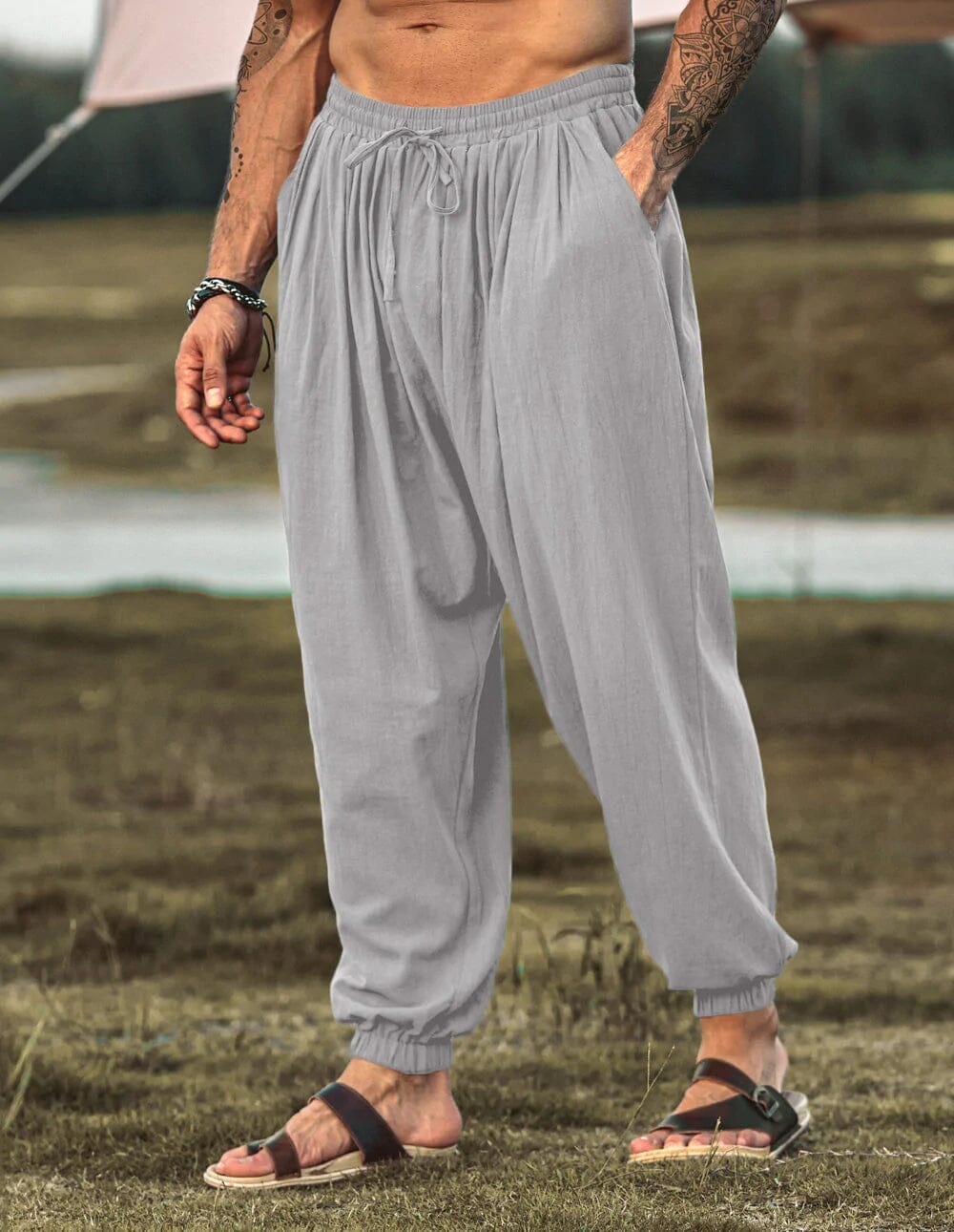COOFANDY Men's Linen Harem Pants Casual Loose Hippie Yoga Beach Pants