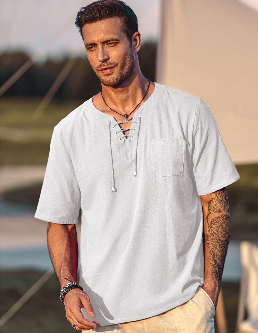 Coofandy Casual Linen Style V Neck Shirts (US Only) Shirts coofandy 