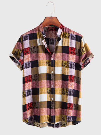 Coofandy Multicolored Plaid Short Sleeve Shirt coofandystore Brown S 