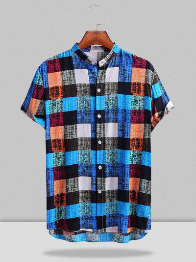 Coofandy Multicolored Plaid Short Sleeve Shirt coofandystore Blue S 