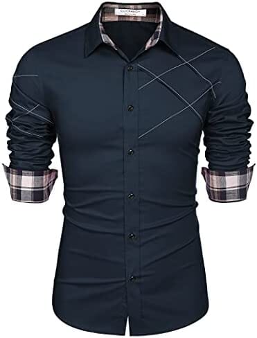 Plaid Collar Button Cotton Dress Shirt (US Only) Shirts COOFANDY Store Navy Blue M 