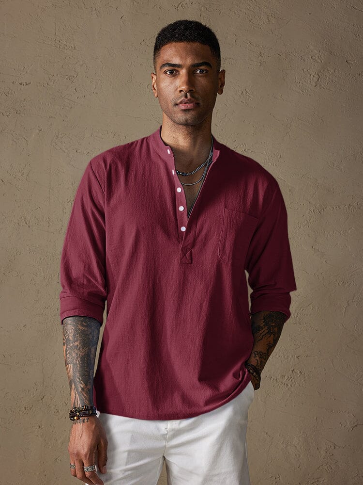 Linen V-neck Beach Long-sleeved Shirt Shirts & Polos coofandystore Red S 