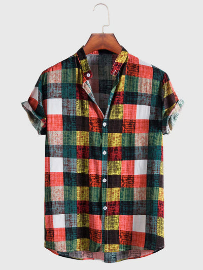 Coofandy Multicolored Plaid Short Sleeve Shirt coofandystore Red S 