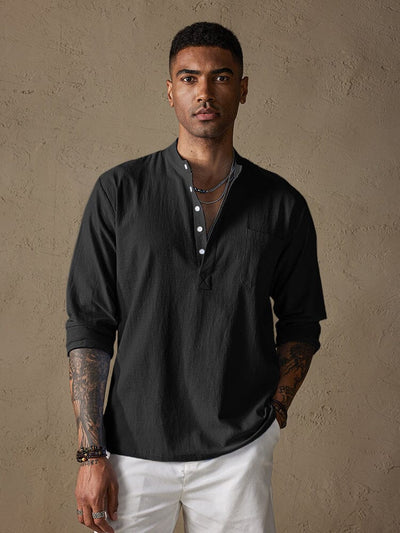 Linen V-neck Beach Long-sleeved Shirt Shirts & Polos coofandystore Black S 