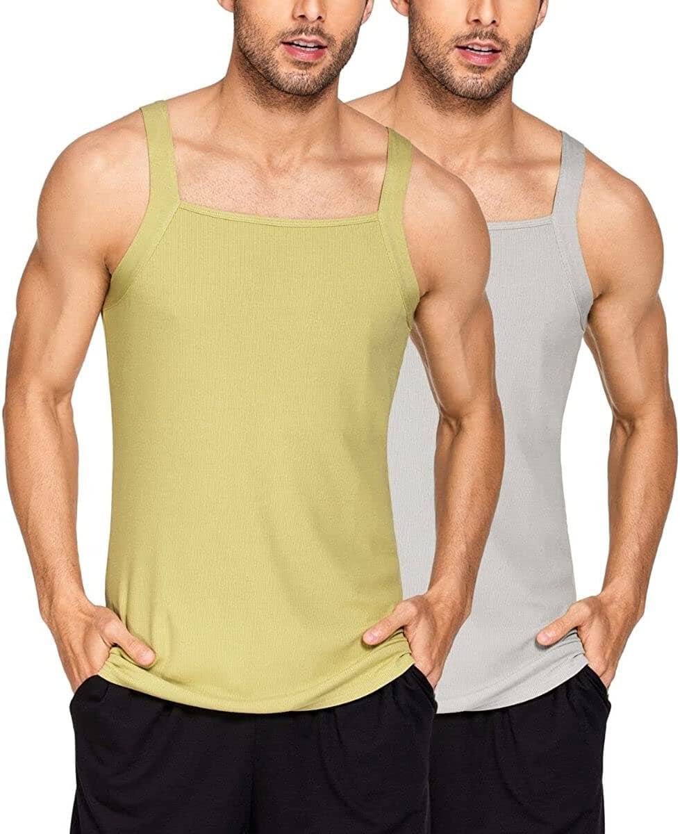 2 Pack Tank Tops Cotton Workout Undershirts (US Only) Tank Tops Coofandy's Chartreuse/Light Grey L 