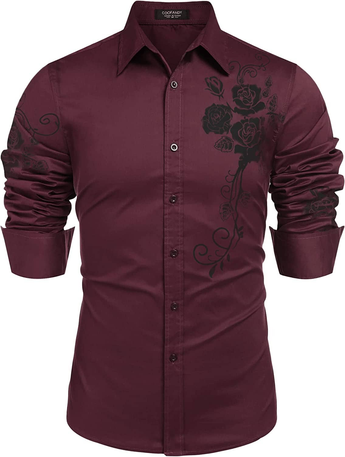 Rose Printed Slim Fit Dress Shirts (US Only) Shirts coofandy Wine Red S 