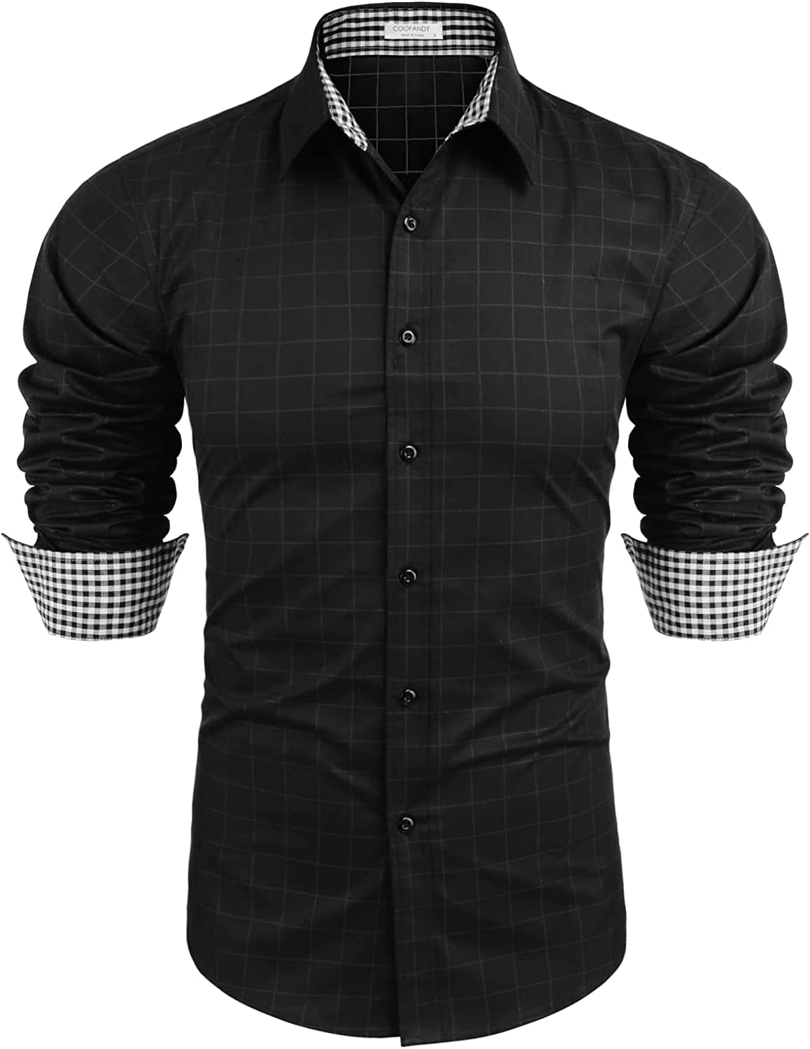 Business Long Sleeve Slim Fit Dress Shirt (US Only) Shirts COOFANDY Store Black-Square Plaid S 