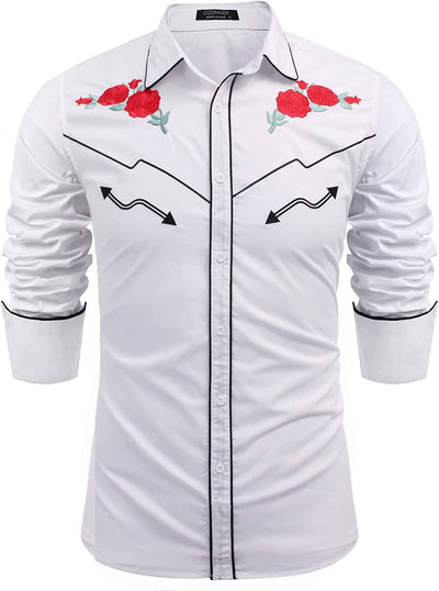 Western Cowboy Embroidered Button Down Cotton Shirt (US Only) Shirts COOFANDY Store White (Classic Rose) S 