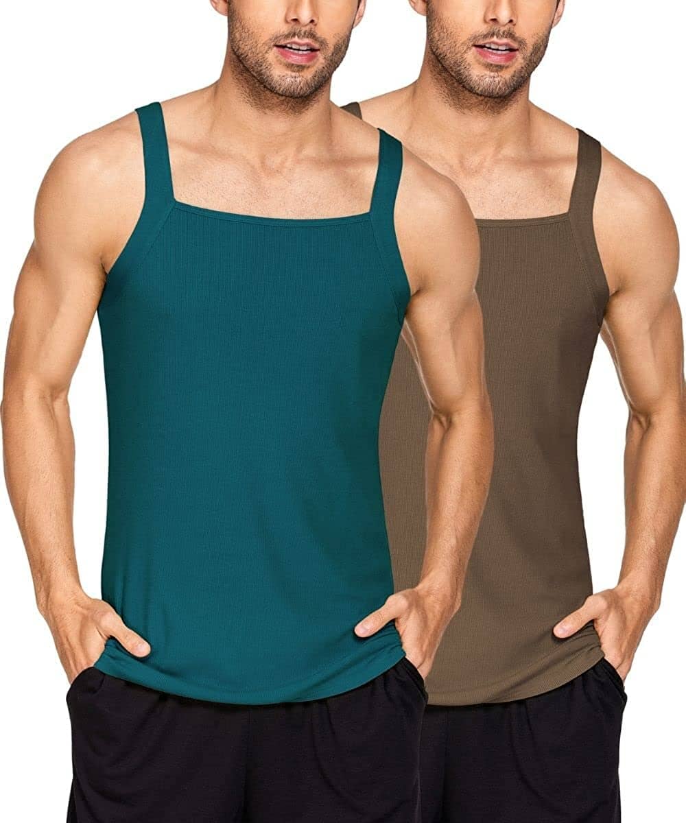 2 Pack Tank Tops Cotton Workout Undershirts (US Only) Tank Tops Coofandy's Peacock Blue/Brown S 