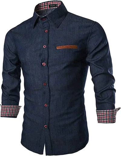 Casual Button Down Denim Shirt with Pocket (US Only) Shirts COOFANDY Store Navy Blue S 