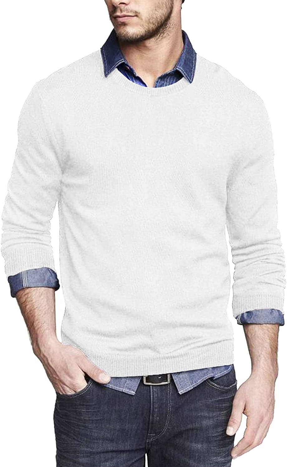 Solid Classic Crew Neck Sweater (US Only) Sweaters COOFANDY Store White S 