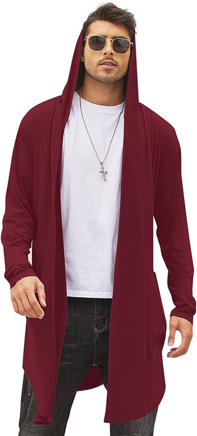 Long Hooded Shawl Collar Overcoat with Pockets (US Only) Sweaters Coofandy's Wine Red S 