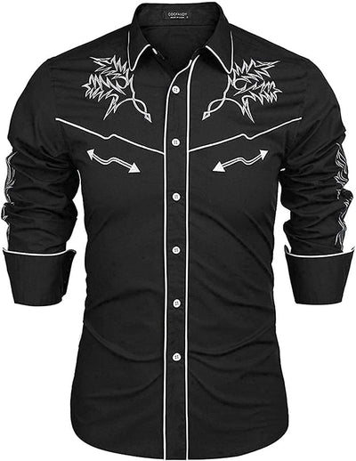 Western Cowboy Embroidered Button Down Cotton Shirt (US Only) Shirts COOFANDY Store Black S 