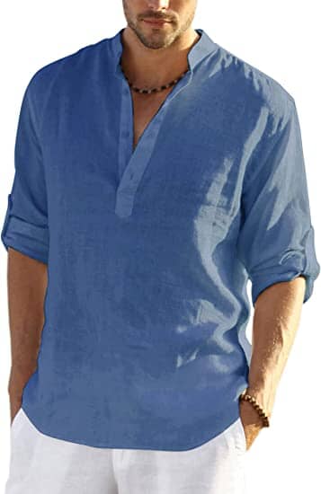 Coofandy Cotton Linen Style Henley Shirt (US Only) Shirts coofandy Denim Blue M 