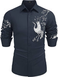 Rose Printed Slim Fit Dress Shirts (US Only) Shirts coofandy Navy Blue(white Crane) S 