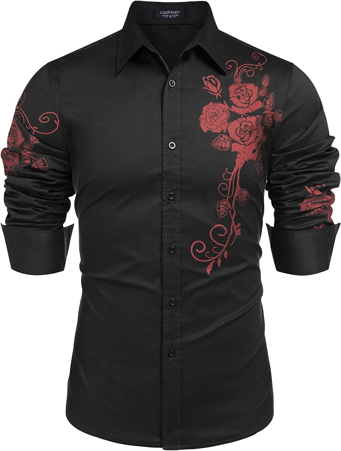Rose Printed Slim Fit Dress Shirts (US Only) Shirts coofandy Black S 