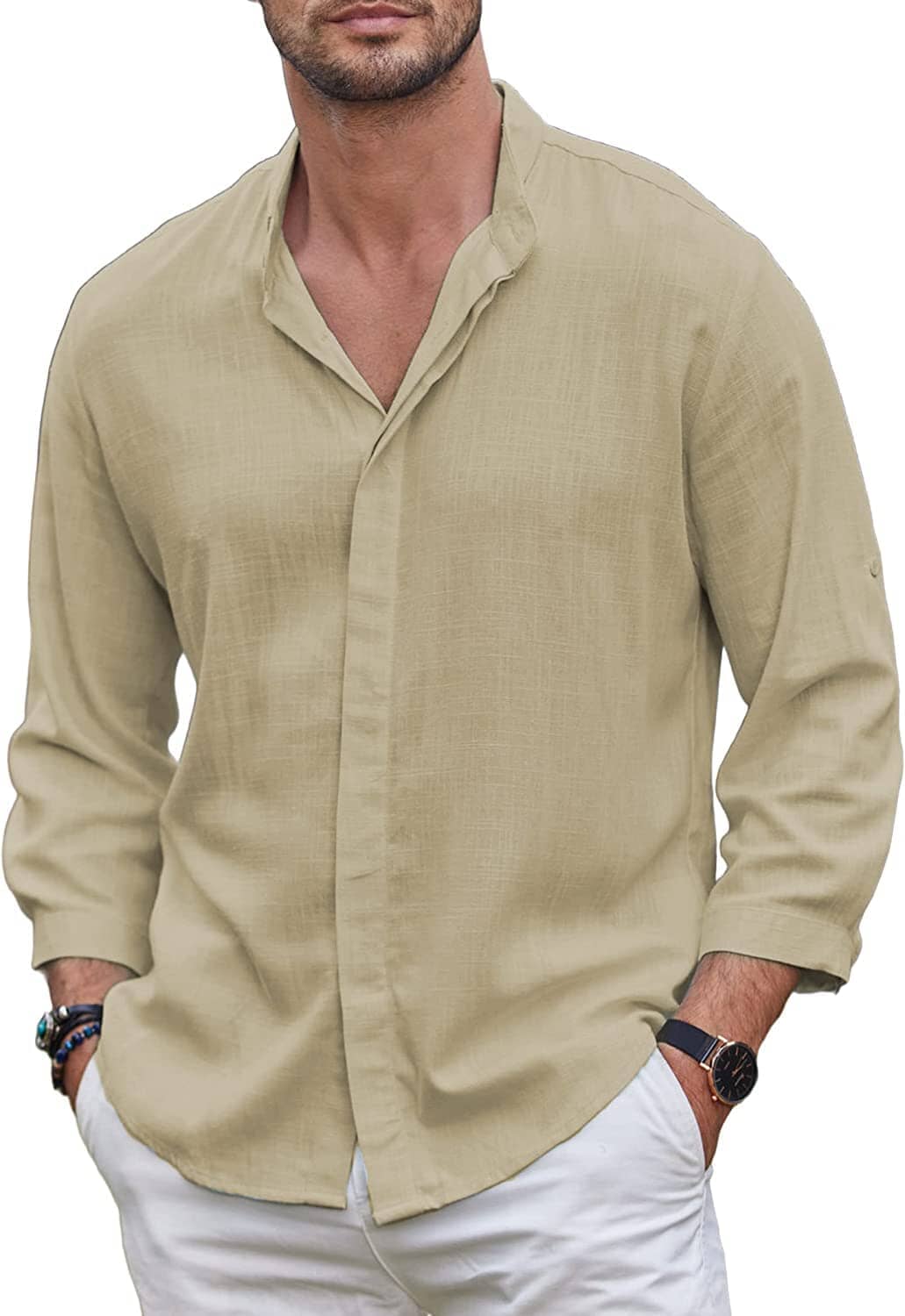 Linen Style Summer Beach 3/4 Sleeve Shirts (Us Only) Shirts & Polos Coofandy's Khaki S 