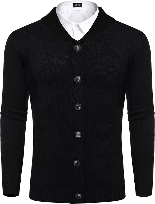 Shawl Collar Knit Cardigans Button Down Sweater (US Only) Sweaters VANGOS Solid Black S 