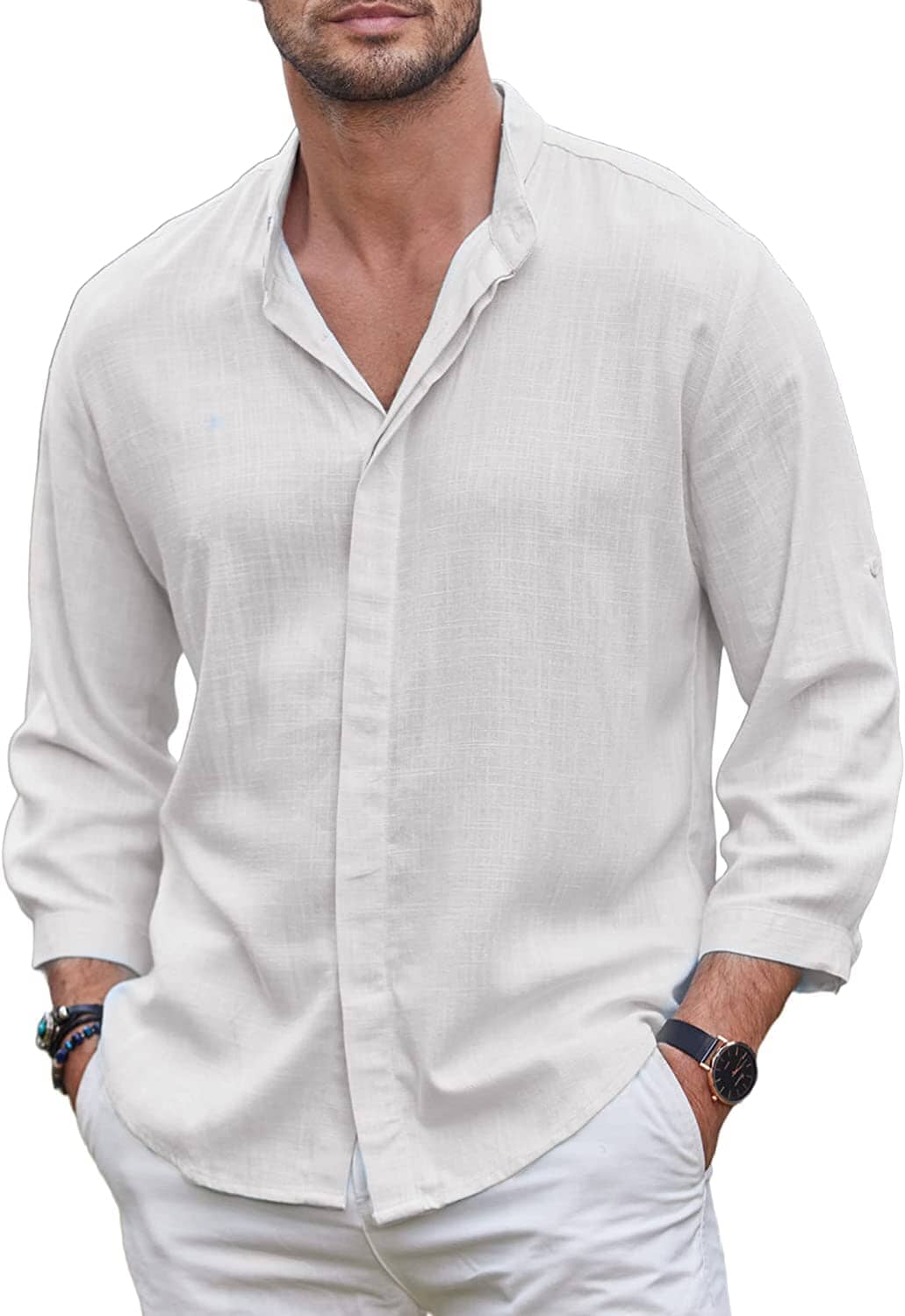 Linen Style Summer Beach 3/4 Sleeve Shirts (Us Only) Shirts & Polos Coofandy's White S 
