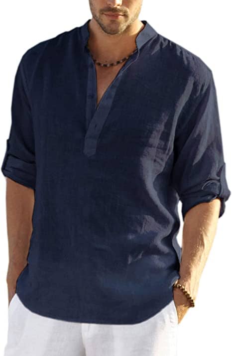 COOFANDY Men's Casual Henley Shirts Collarless Linen Cotton Beach Yoga  Shirts Hippie Long Sleeve Tops Loose Fit, Blue, XL price in UAE,   UAE