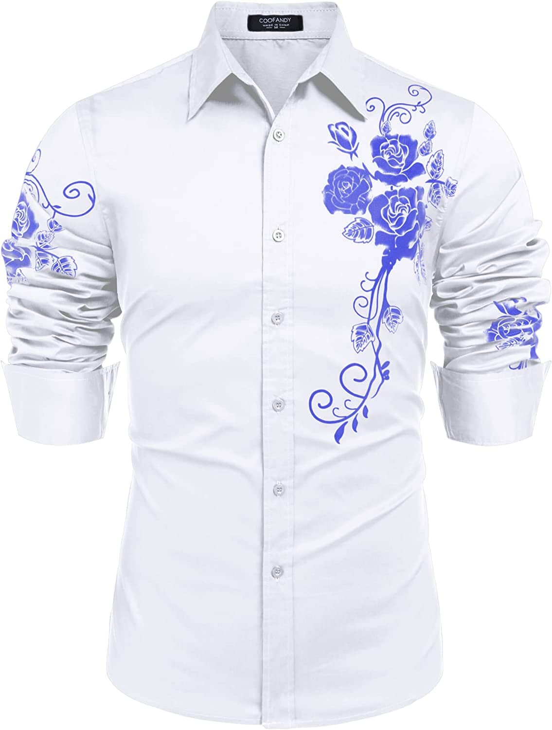 Rose Printed Slim Fit Dress Shirts (US Only) Shirts coofandy White (Blue Rose) S 