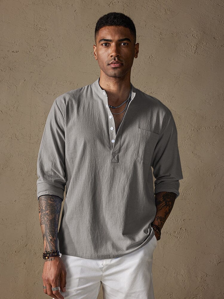 Linen V-neck Beach Long-sleeved Shirt Shirts & Polos coofandystore Grey S 