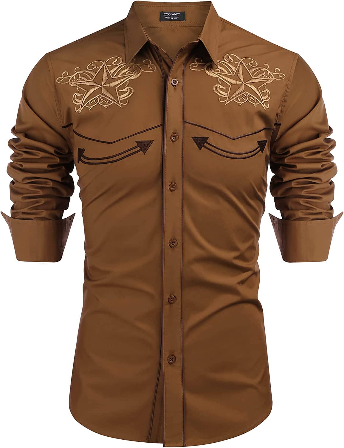 Embroidered Cowboy Button Down Shirt (US Only) Shirts COOFANDY Store Brown Star S 