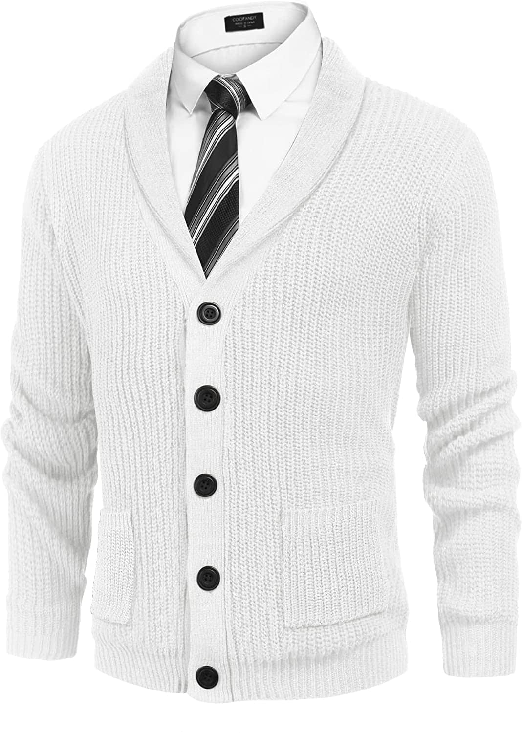 Lapel Button Up Cable Knit Cardigan with Pockets (US Only) Cardigans COOFANDY Store White XXL 