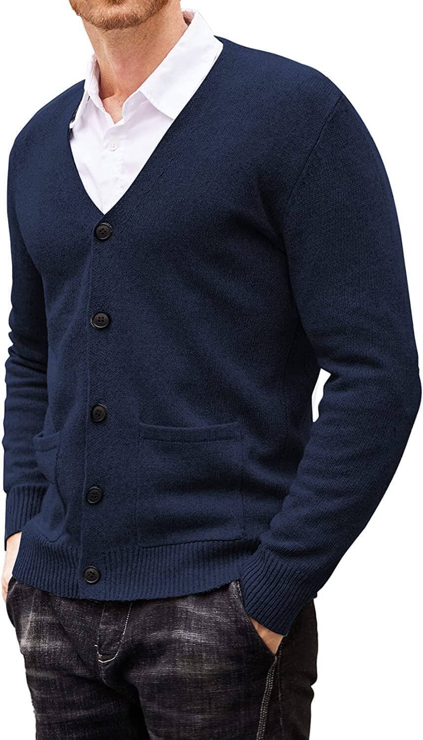 Lightweight V Neck Knitted Sweaters with Pockets (US Only) Sweaters COOFANDY Store Navy Blue S 