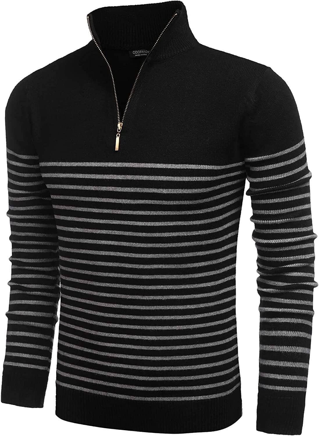Striped Zip Up Mock Neck Pullover Sweaters (US Only) Sweaters COOFANDY Store Black S 