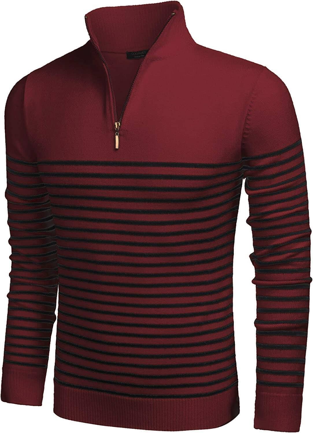 Striped Zip Up Mock Neck Pullover Sweaters (US Only) Sweaters COOFANDY Store Red S 