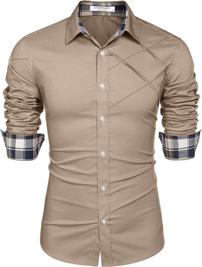 Plaid Collar Button Cotton Dress Shirt (US Only) Shirts COOFANDY Store Khaki S 