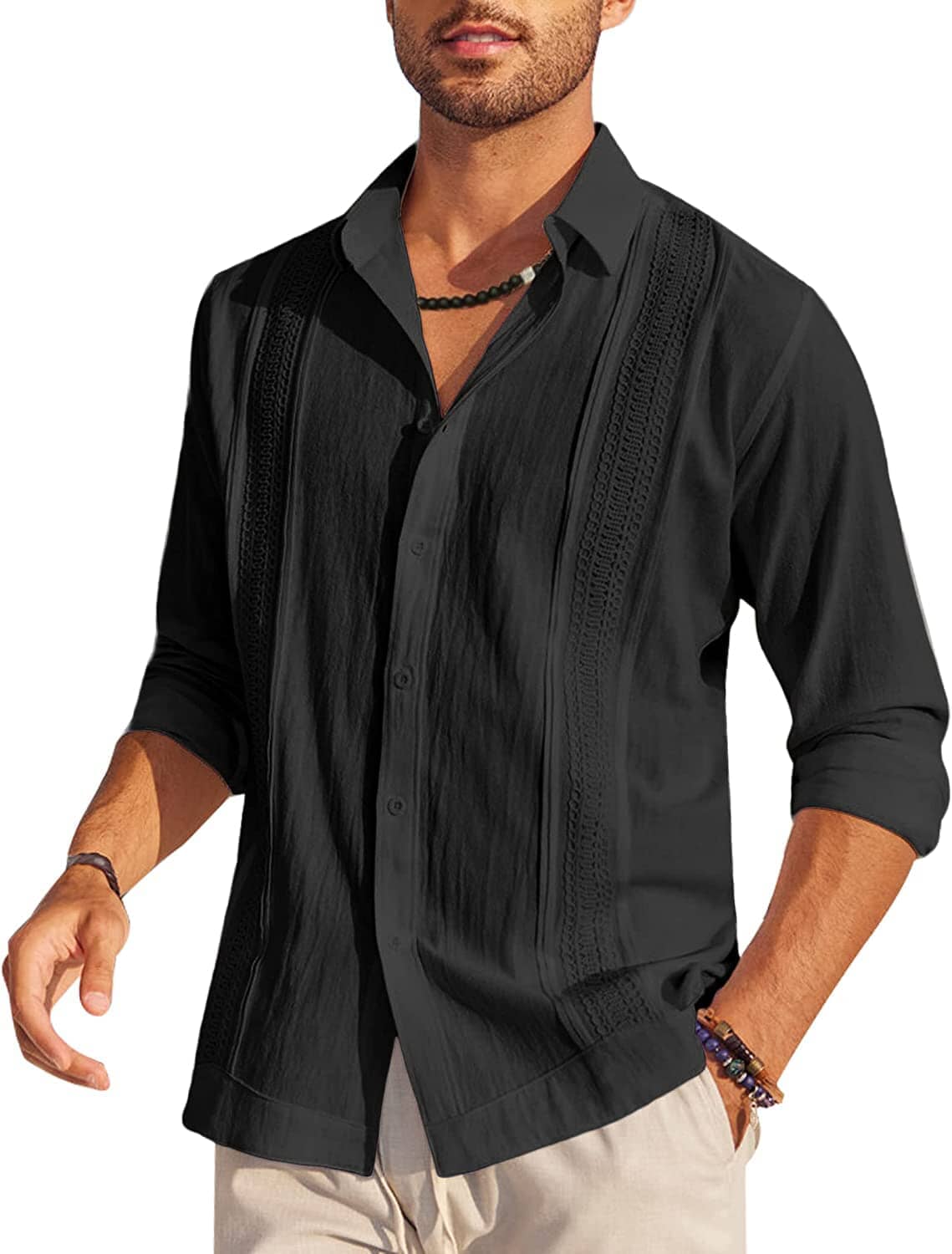 Cotton Beach Button Down Long Sleeve Shirt (US Only) Shirts Coofandy's Black S 