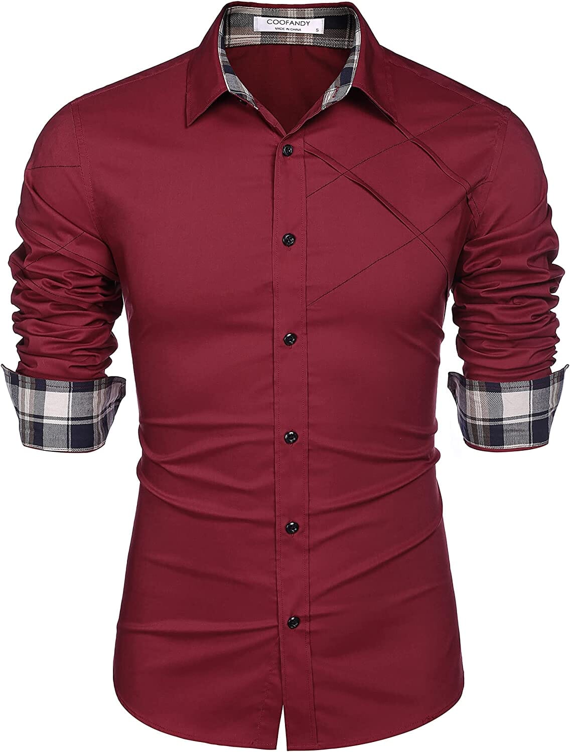 Plaid Collar Button Cotton Dress Shirt (US Only) Shirts COOFANDY Store Wine Red S 