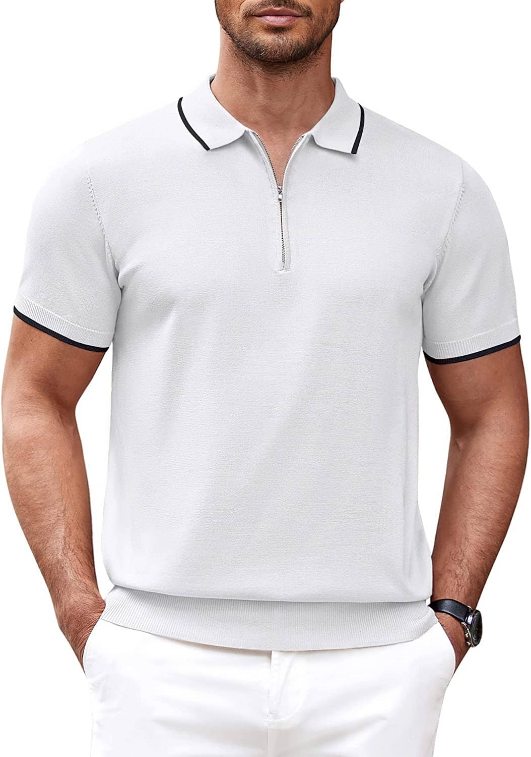 Classic Zipper Short Sleeve Polo Shirt (US Only) Polos COOFANDY Store White S 