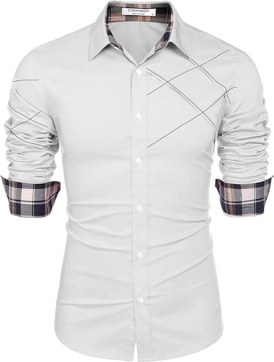 Plaid Collar Button Cotton Dress Shirt (US Only) Shirts COOFANDY Store White S 