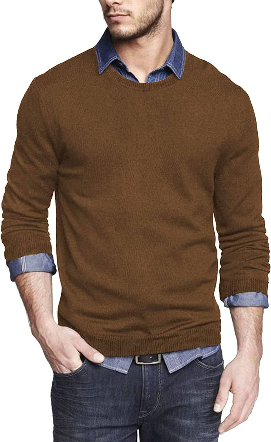 Solid Classic Crew Neck Sweater (US Only) Sweaters COOFANDY Store Brown S 