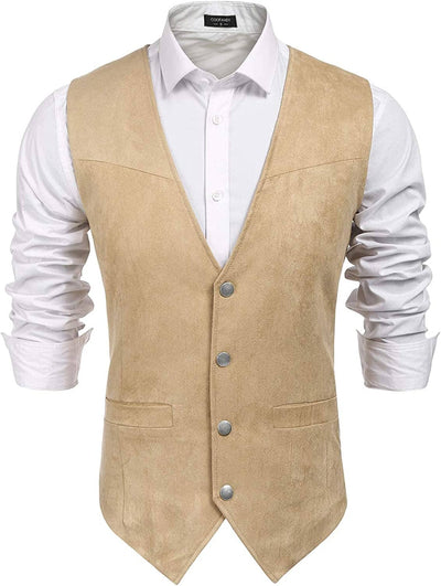 Solid Suede Leather Suit Vest (US Only) Vest COOFANDY Store Beige S 