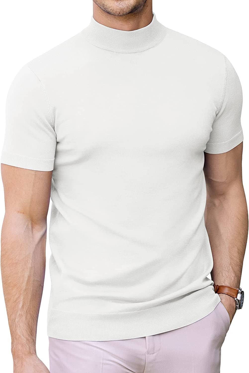 (Us Only) Turtleneck Basic Slim Fit Knitted Short Sleeve Sweater Sweaters Coofandy's White S 