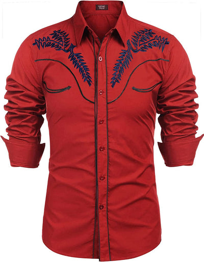 Embroidered Cowboy Button Down Shirt (US Only) Shirts COOFANDY Store Red S 
