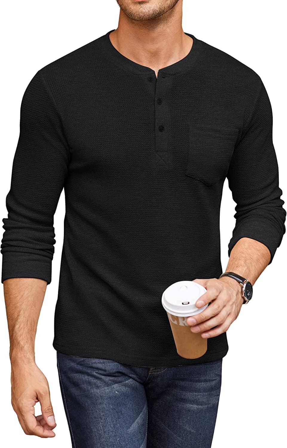 Basic Waffle Pullover Long Sleeve T-Shirt (US Only) T-Shirt Coofandy's Black S 