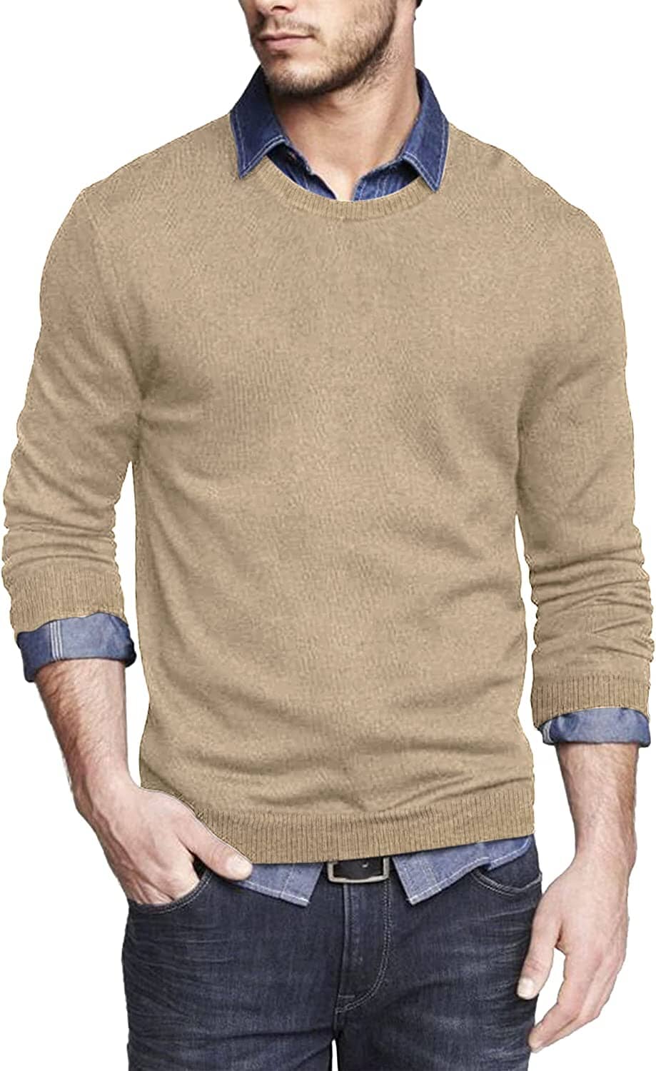 Solid Classic Crew Neck Sweater (US Only) Sweaters COOFANDY Store Khaki S 