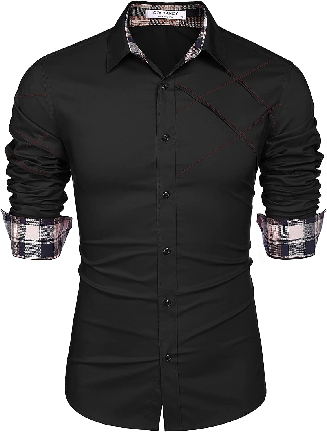Plaid Collar Button Cotton Dress Shirt (US Only) Shirts COOFANDY Store Black S 