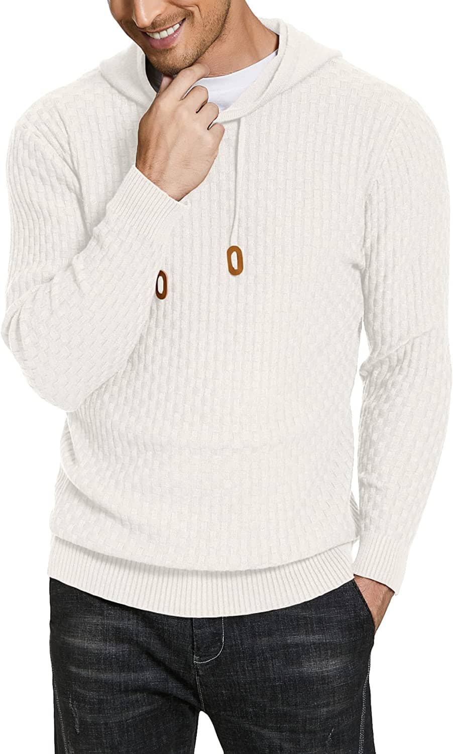 Solid Knitted Pullover Hooded Sweatshirt (US Only) Hoodies Brand: COOFANDY White S 