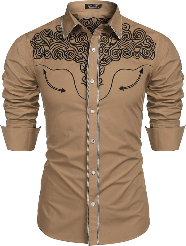 Embroidered Cowboy Button Down Shirt (US Only) Shirts COOFANDY Store Khaki S 