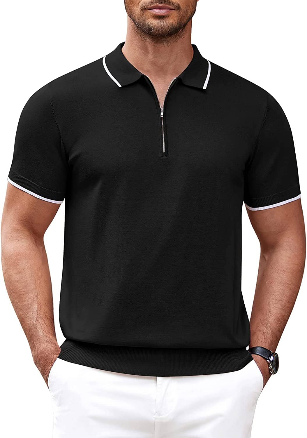 Classic Zipper Short Sleeve Polo Shirt (US Only) Polos COOFANDY Store Black S 